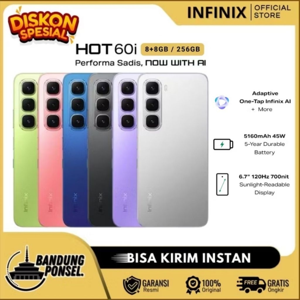 Infinix Hot 60i 8/256GB NFC 120Hz HD+ Battery 5160mAh, GARANSI RESMI INFINIX INDONESIA