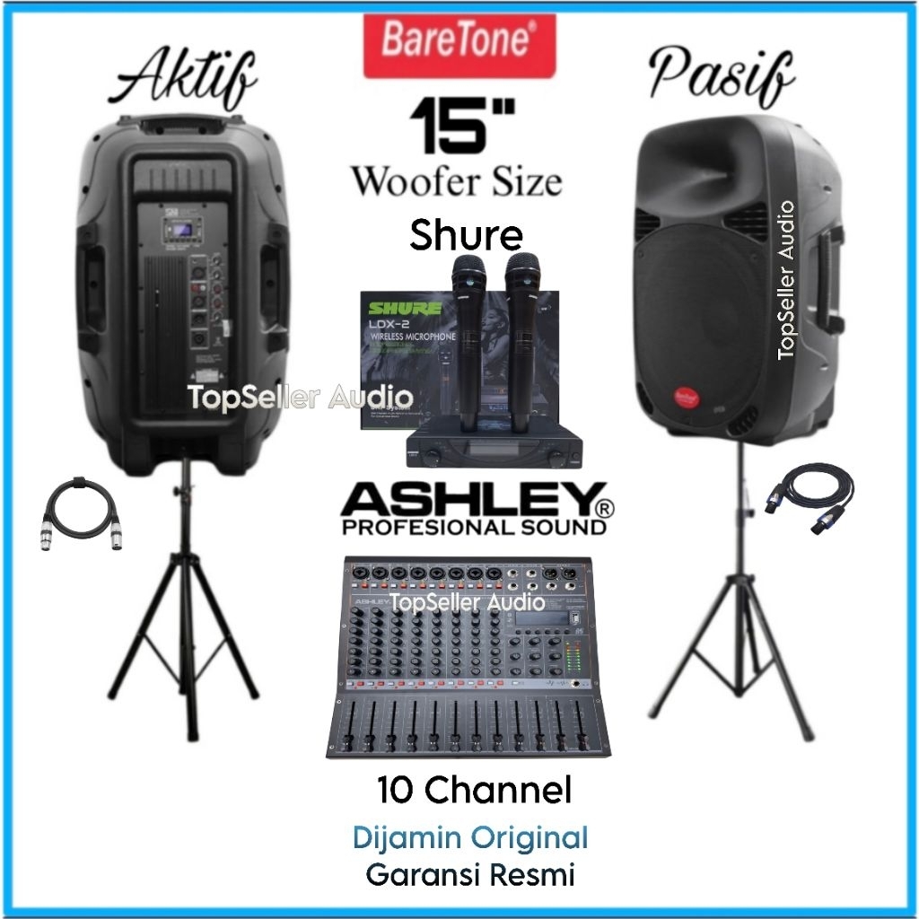 Melodix Paket Sound System Karaoke Speaker 15 Inch BareTone [ Aktif & Pasif ] Mixer Ashley 10