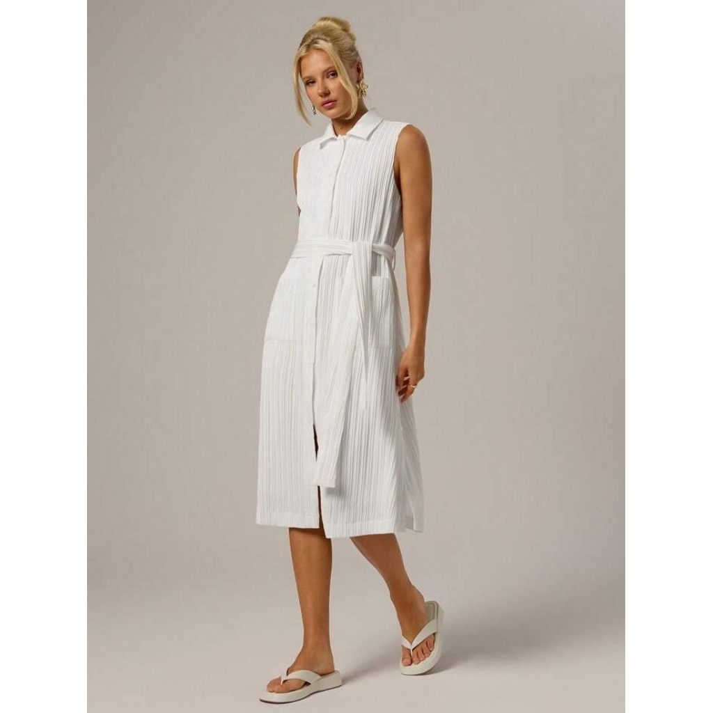 Putih Midi Dress Tanpa Lengan Wanita Model Kemeja dengan Ikat Pinggang ( AC 228)