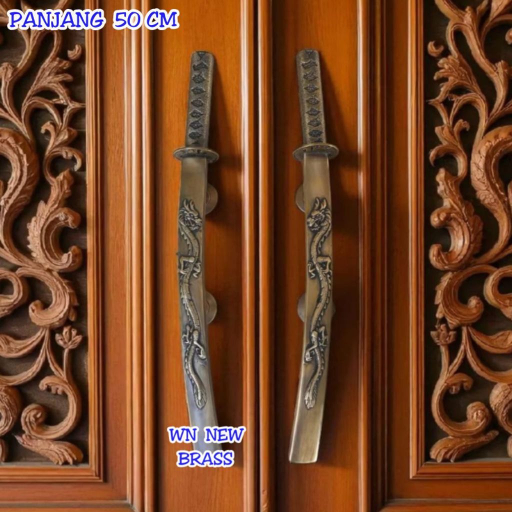 Handle Pintu / Gagang Pintu Rumah Pagar Kuningan Motif Samurai Ukir Naga 50 cm 2 pcs