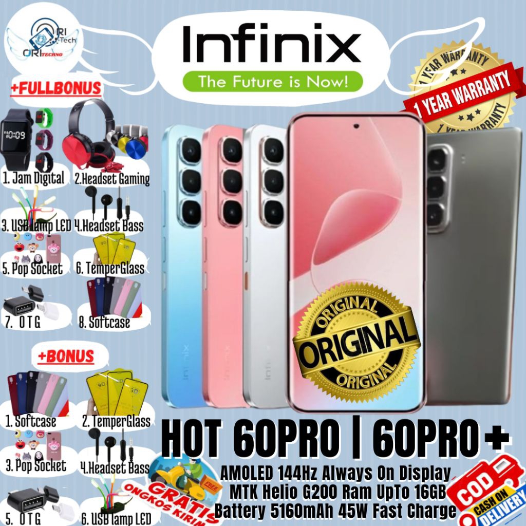 INFINIX HOT 60 PRO | HOT 60PRO PLUS 8/256 - 8/128 Ram UpTo 16GB Helio G200 Chipset Gaming 100% ORI G