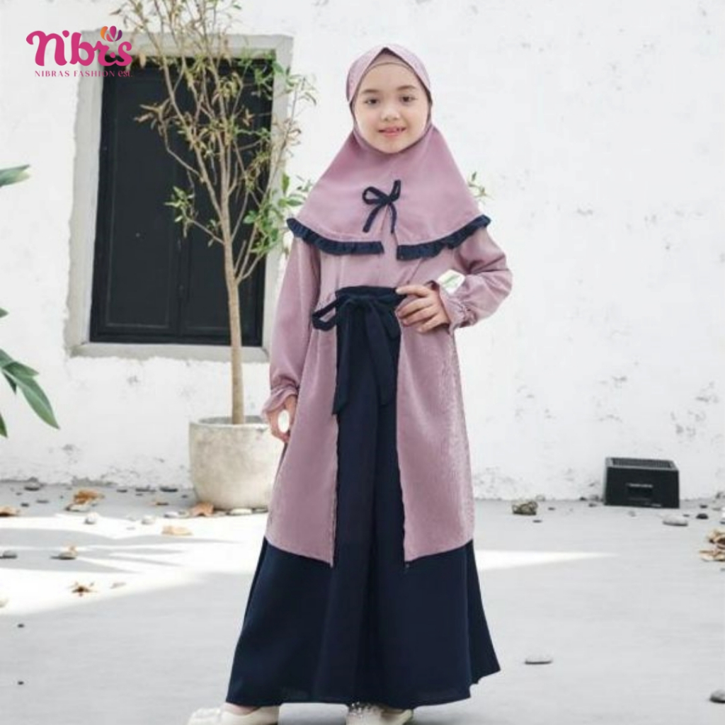 Baru Nibras Halley Gamis Anak Lilac Gazelle Crinkle Mix Crepe Resleting Depan Set Kerudung Antem