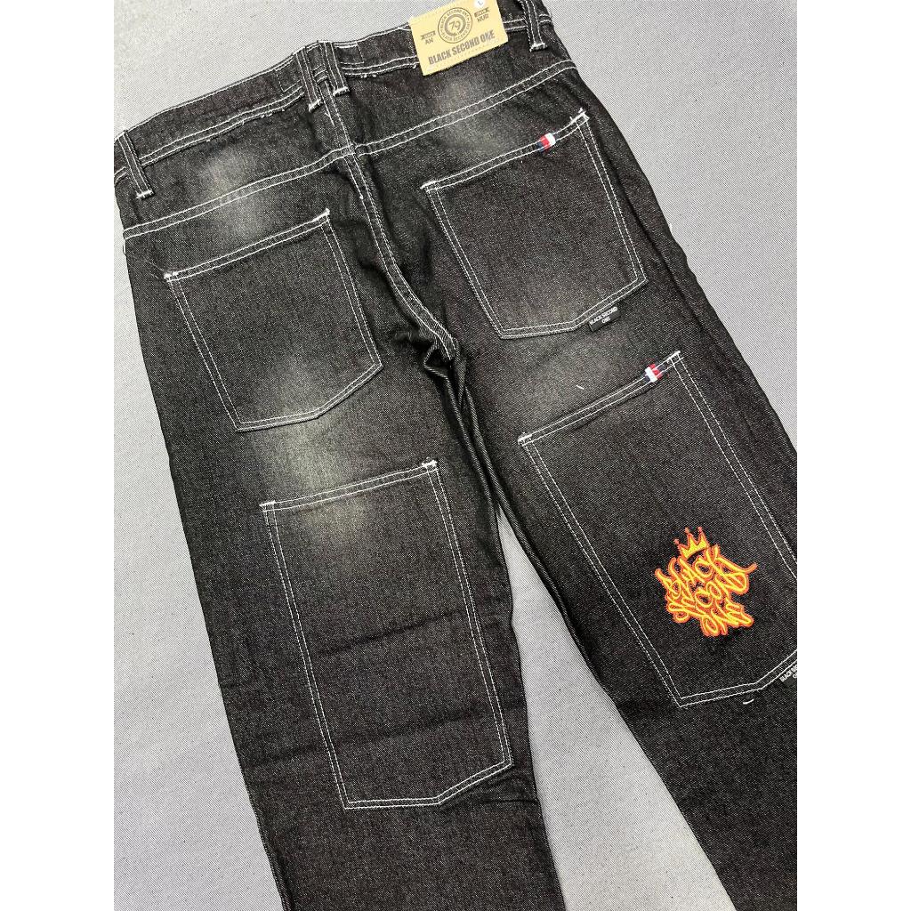 Y2K Denim Big Pocket Jeans Baggy Skena Gombrong 4 Kantong Bordir Selvedge Spray Black Jazz