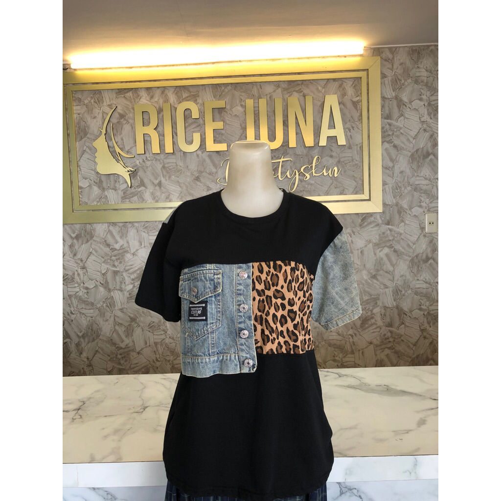 Kaos Oversize Atasan Wanita Kombinasi Denim