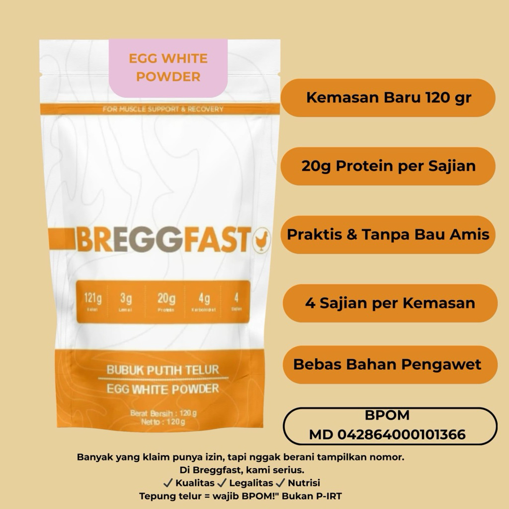 

Egg White Powder Tepung Putih Telur BREGGFAST 100 gram (PROMO Bonus 20 gram) Halal BPOM