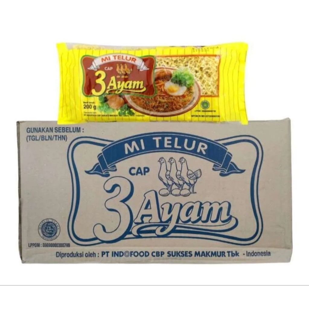 

Mi Telor Cap 3 Ayam Mi Pipih Kuning 200 gram [ 1 Dus Isi 20 Pcs ]