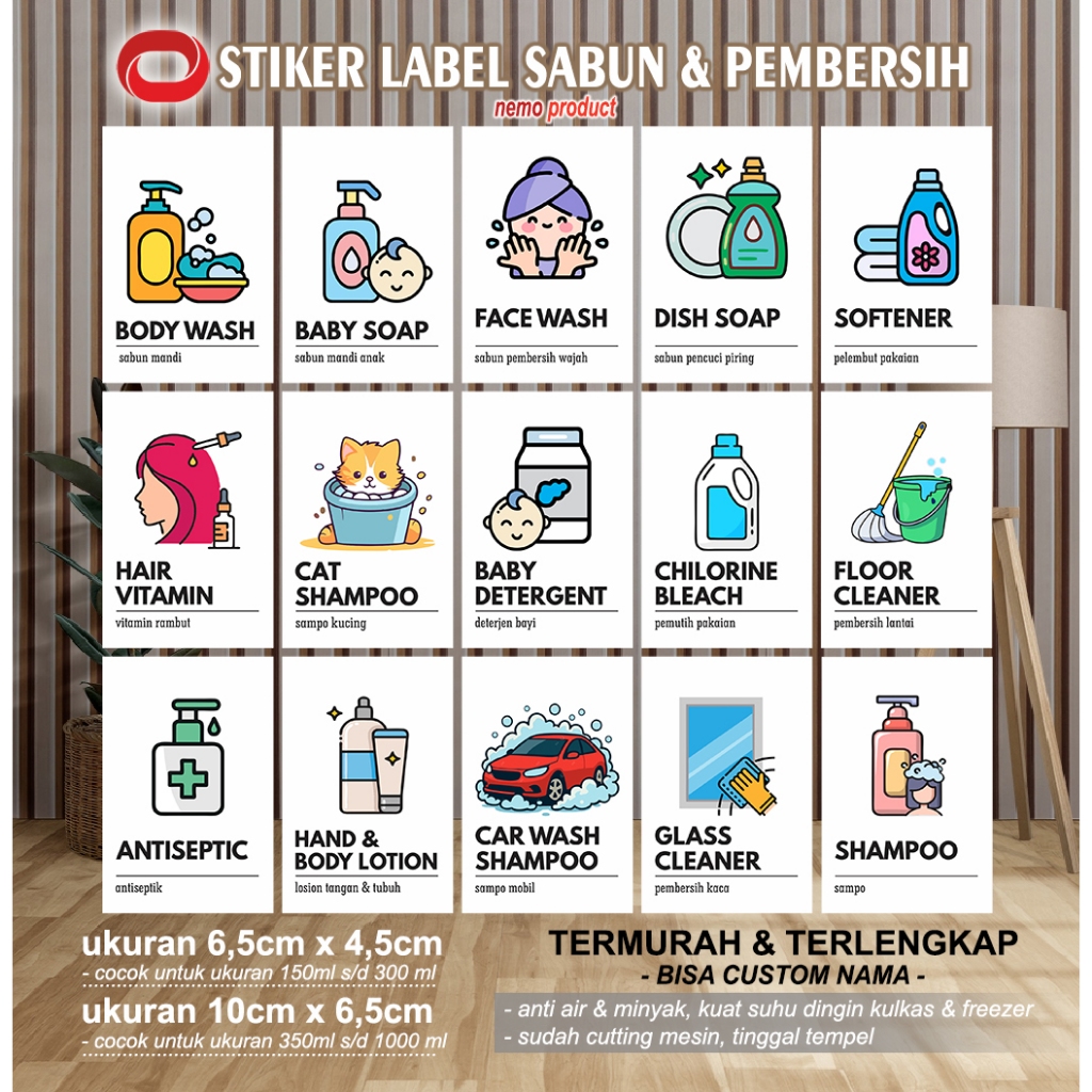 

Stiker Label Botol Sabun, Loundry Wadah Pembersih lainya - Anti Air Desain Warna Estetik Sudah Cutting Mesin - MN