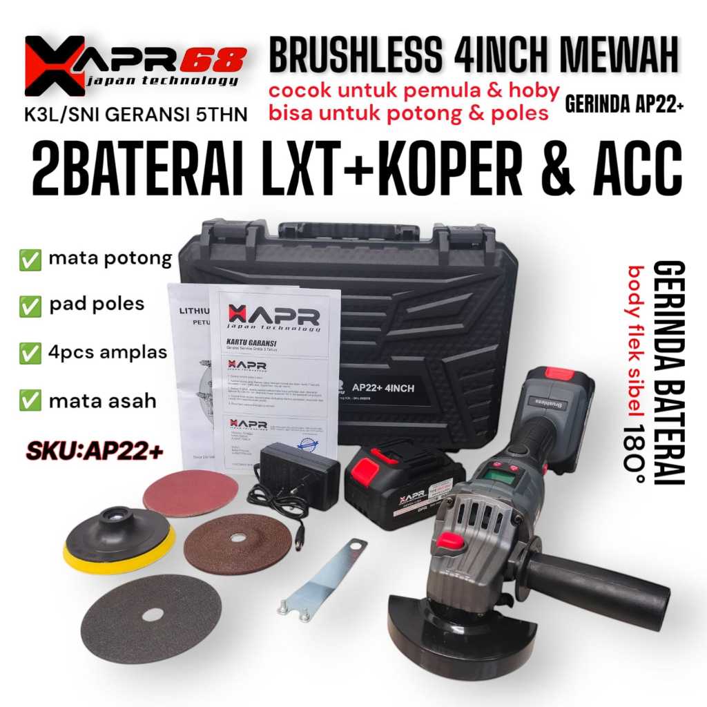 PROMO GERINDA BATERAI XAPR AP22+ 4INCH 12000RPM BRUSHLESS 2 BATERAI LXT 10CELL GARANSI APR
