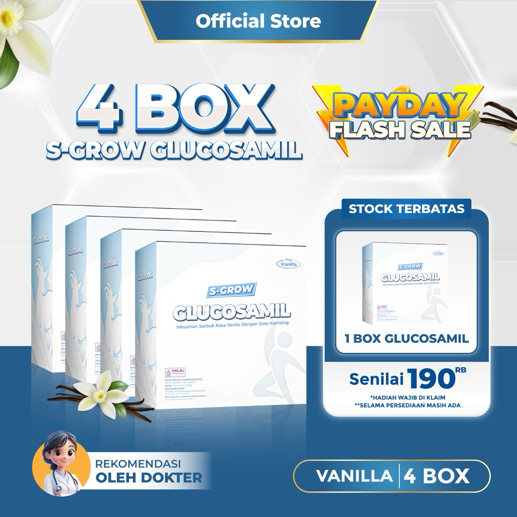 

S-GROW GLUCOSAMIL 4 BOX – Susu Bubuk Dewasa Rasa Vanila Untuk Tulang & Sendi