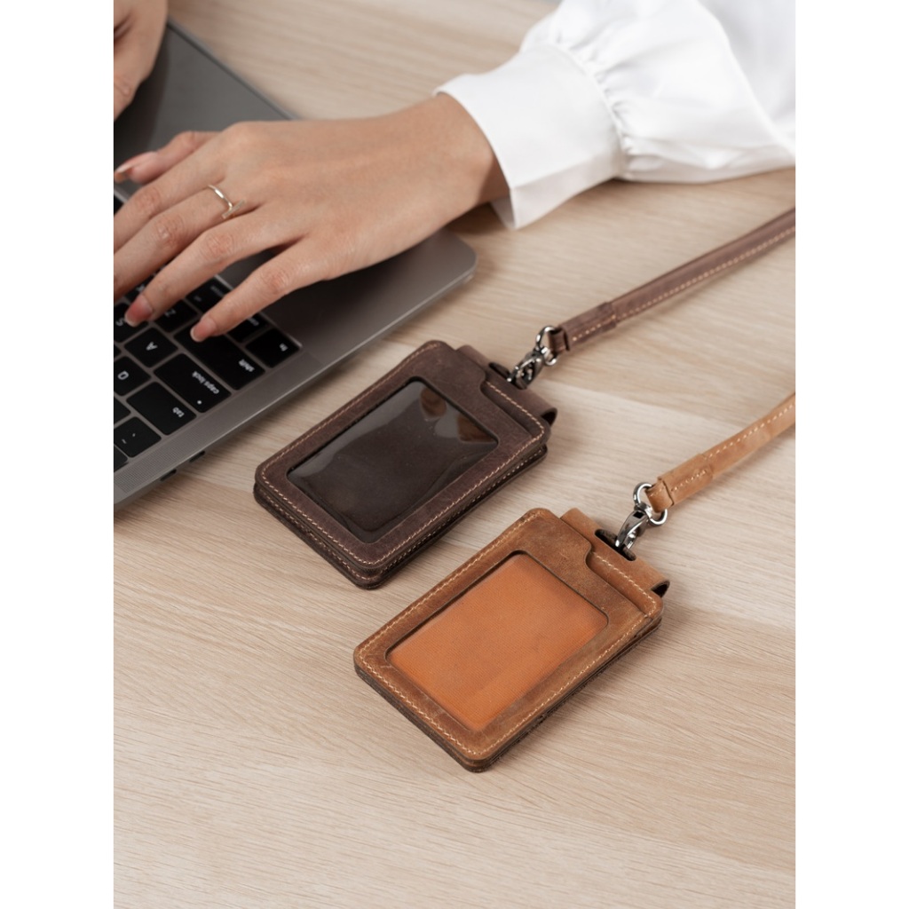 Lanyard Kulit asli ID card Holder Kulit Asli Tali Lanyard Kulit Berkualitas Tempat Kartu Gantung ID