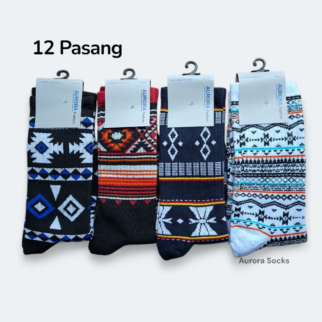12 Pasang Kaos Kaki Motif Tribal Premium - Kaus kaki Oldschool Dewasa lusinan