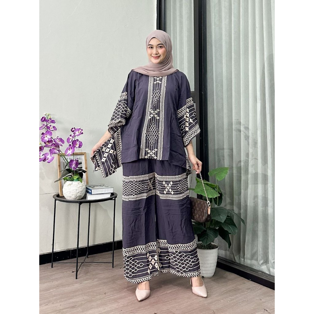 Latopia_ One Set Vika/Setelan Waka Jumbo Motif Bahan Rayon Premium Ld 140 Busui Resleting Depan