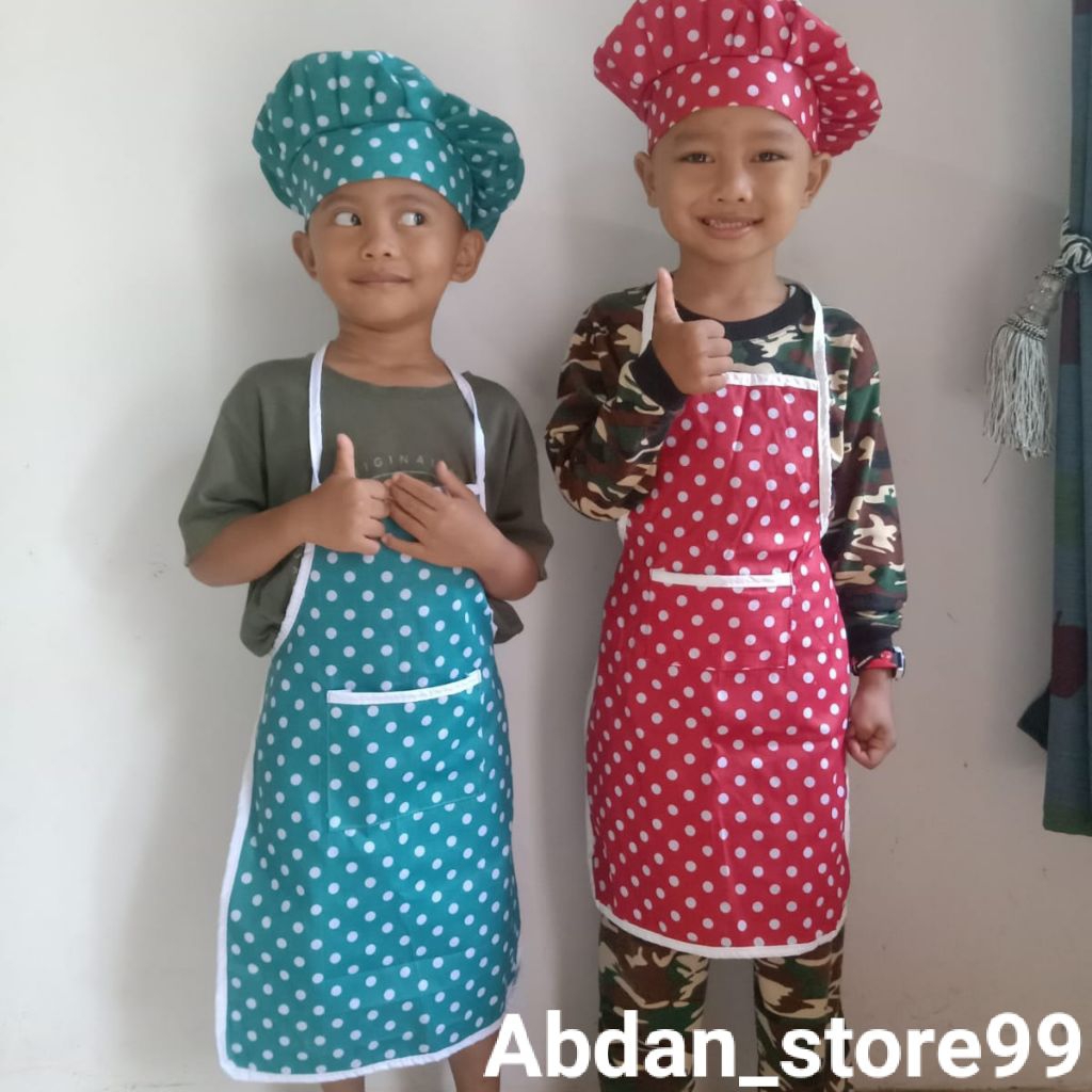 Celemek Anak TK Apron+Topi Chef Koki Motif Polkadot