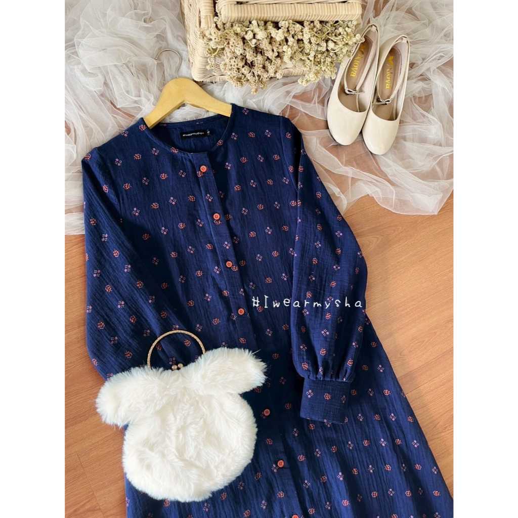 DAYANA DRESS : INDIAN NAVY Gamis Katun Adem Motif Bunga Size S M L XL Mysha Iwearmysha