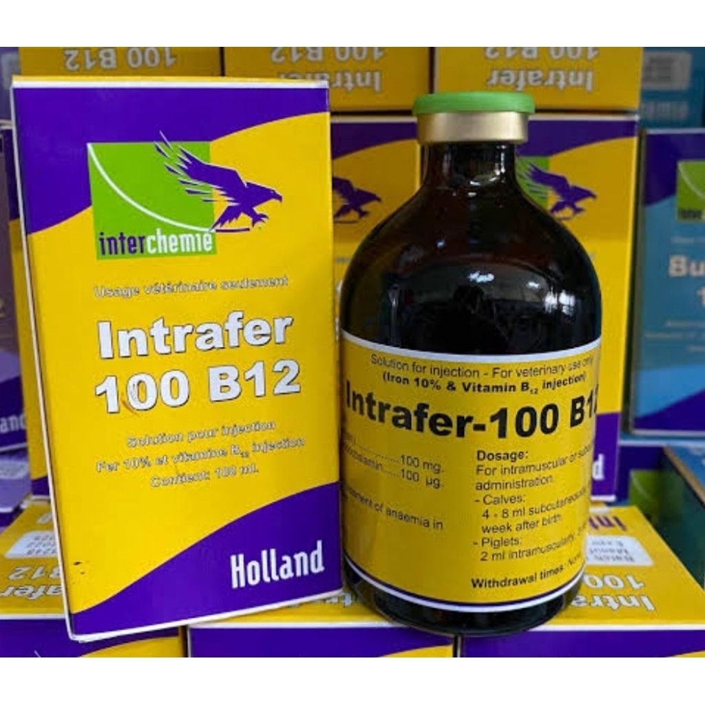 INTRAFER 100 B12 (mengobati kekurangan darah/anemia dan nafsu makan anak sapi.kambing dan babi)