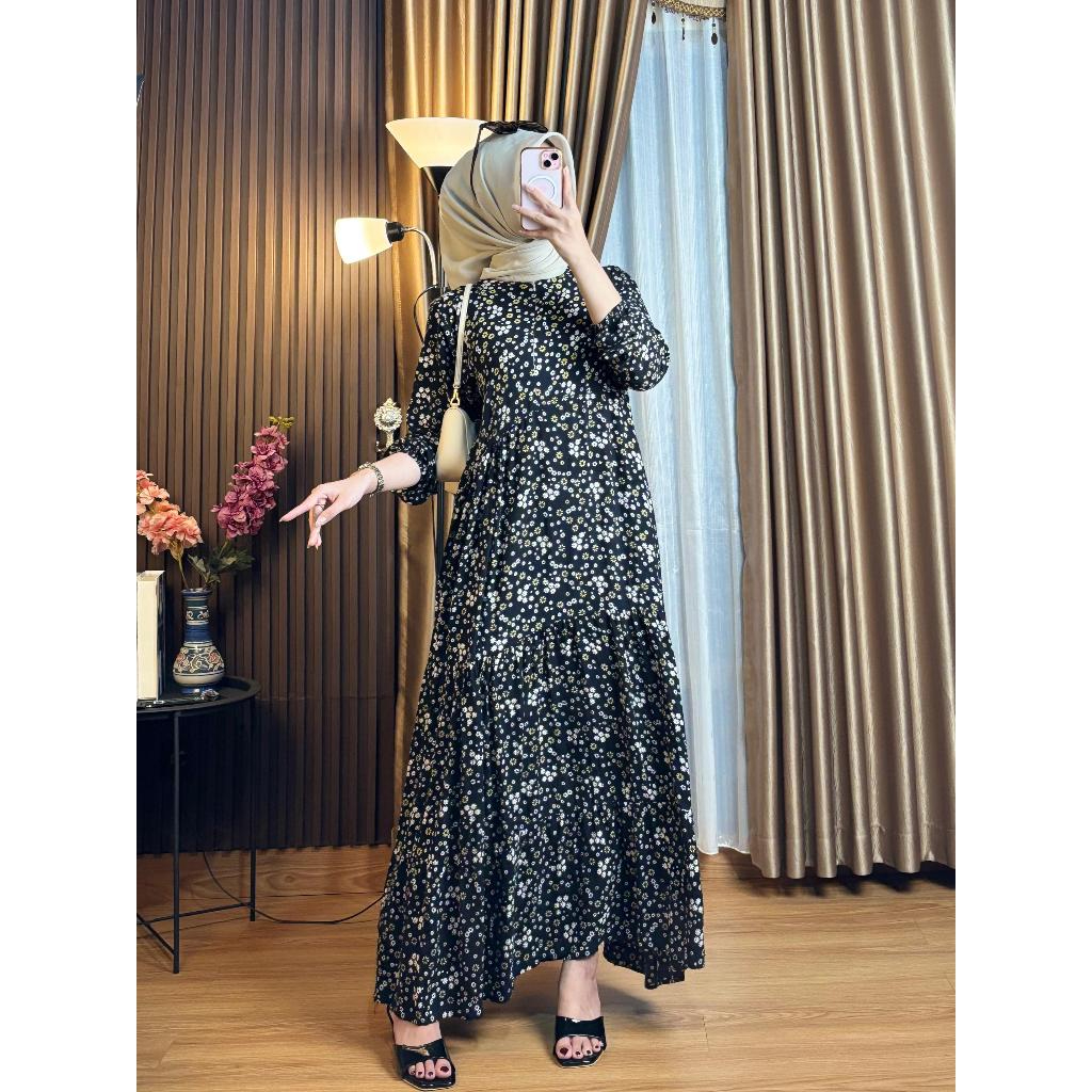 Dress Flower Baju Gamis Wanita Busui Friendly Bahan Rayon Premium Casual Panjang Motif Bunga Kecil T