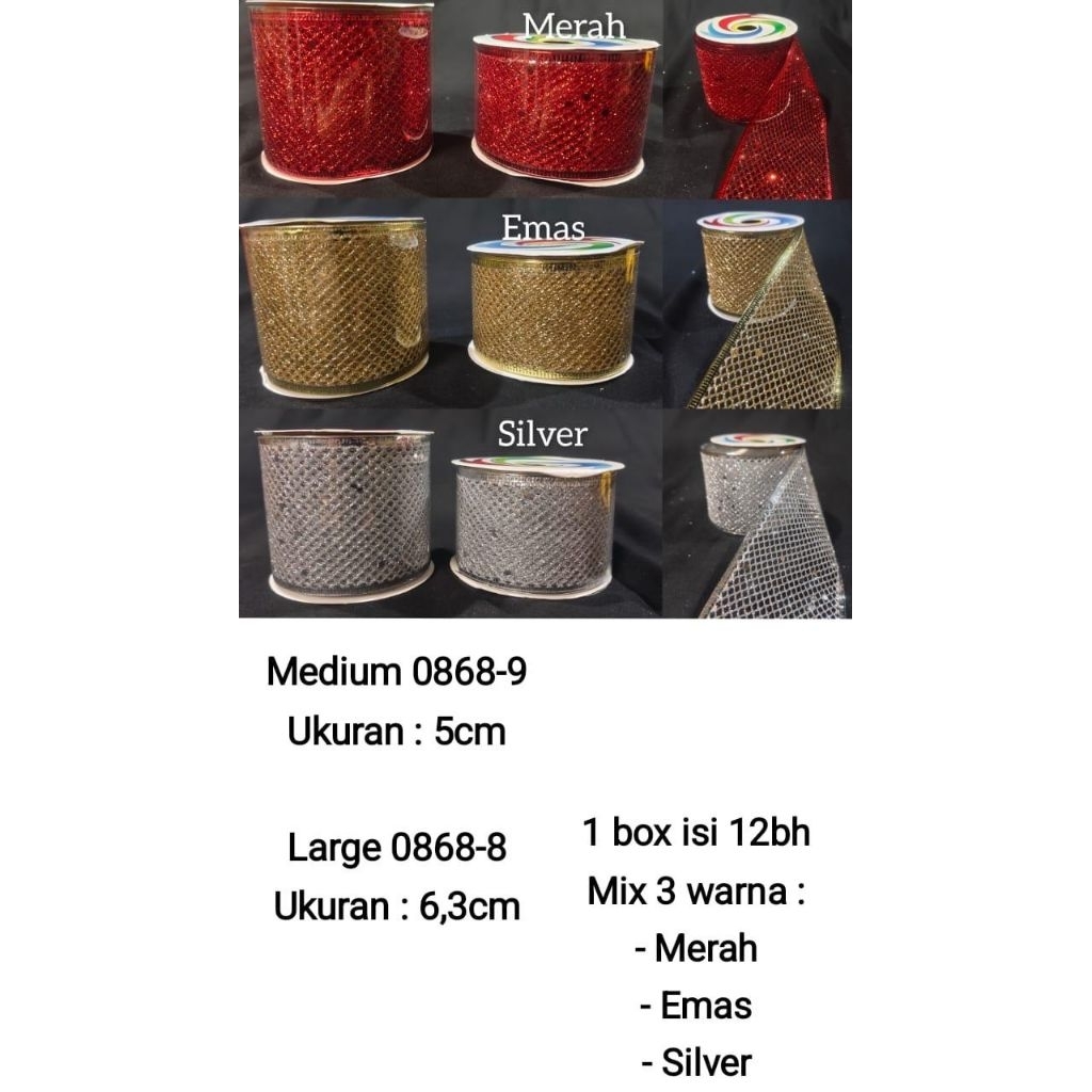 

pita Merry christmas mix 3 warna merah, silver, gold, .pjg 2,7 M