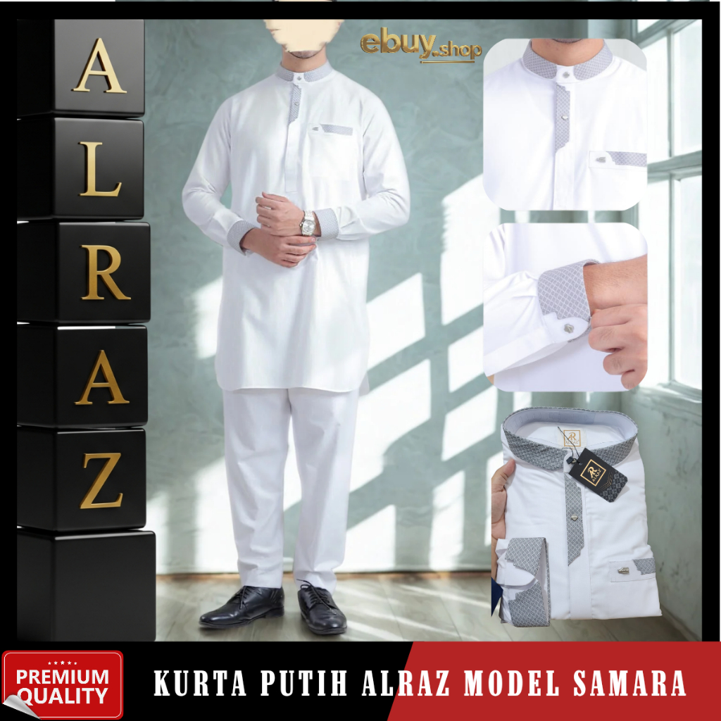 Alraz Kurta Putih Setelan Celana Model Samara Katun / Kurta Alraz One Set + Celana