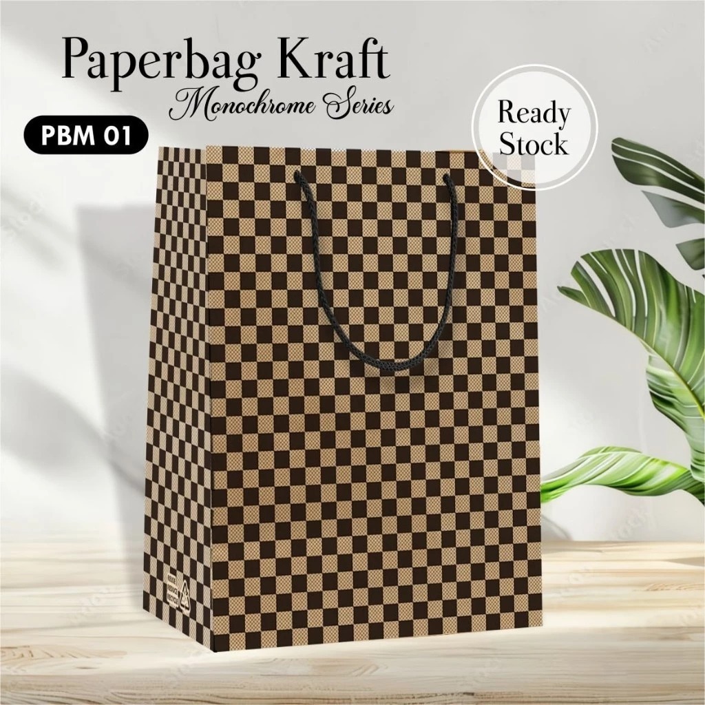 

[12 PCS] PAPERBAG MOTIF MONOCHROME PREMIUM COKLAT SIZE 20X25X10 CM - PAPER BAG READY STOK - PBM 02