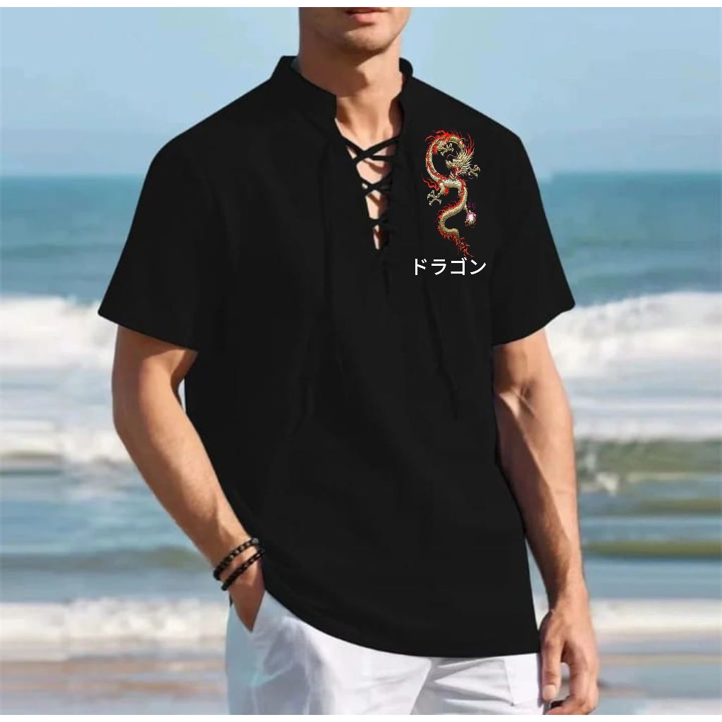 kemeja linen atasan lengan pendek pria gambar naga nyaman keren casual S-5XL