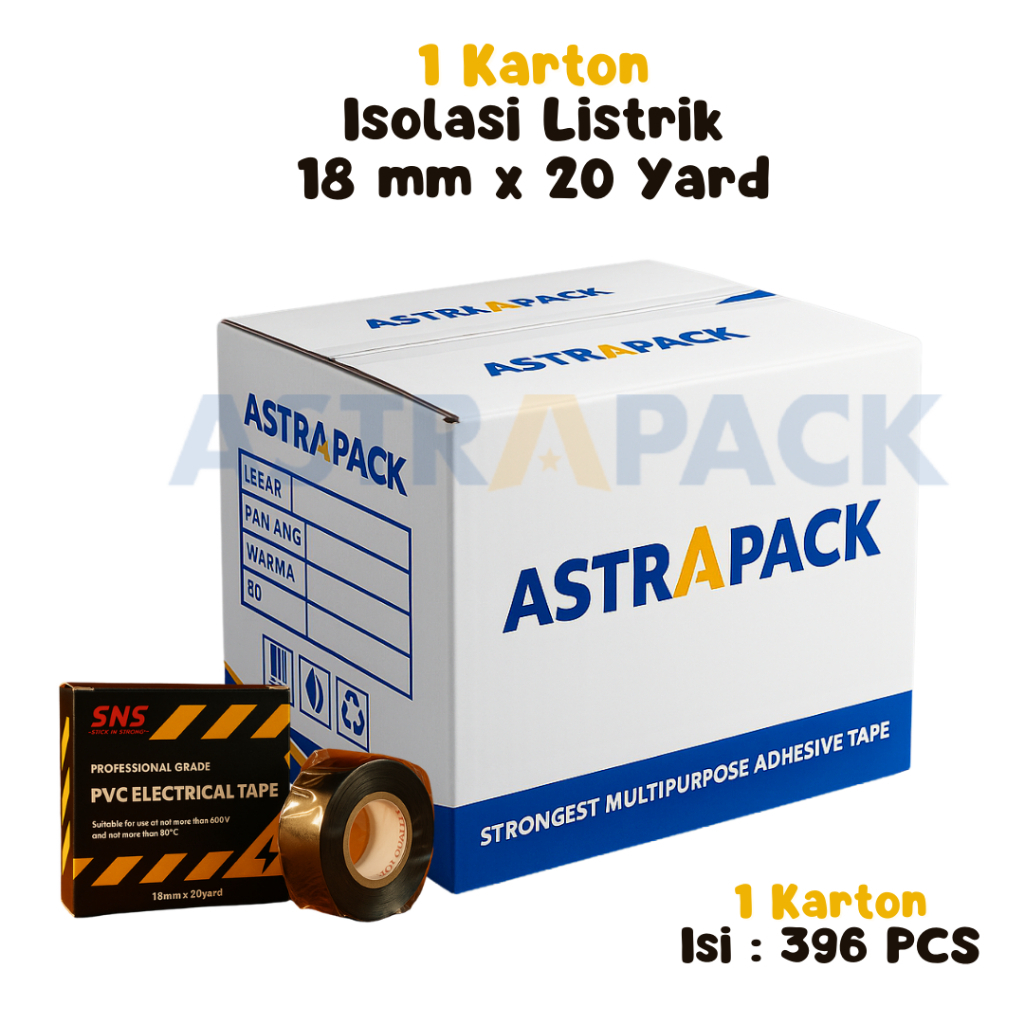 

Astrapack | 1 Dus Isolasi Listrik 18 mm x 20 Yard | Electrical Tape | Tersedia Instant Grosir