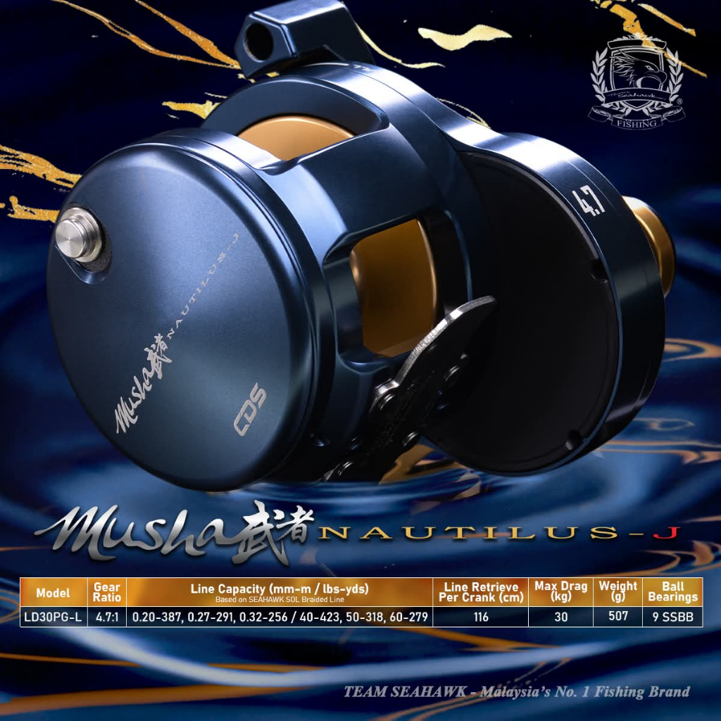 Team Seahawk Musha Nautilus J LD30PGL Lever drag reel pancing OH overhead Japan FREE Merchandise