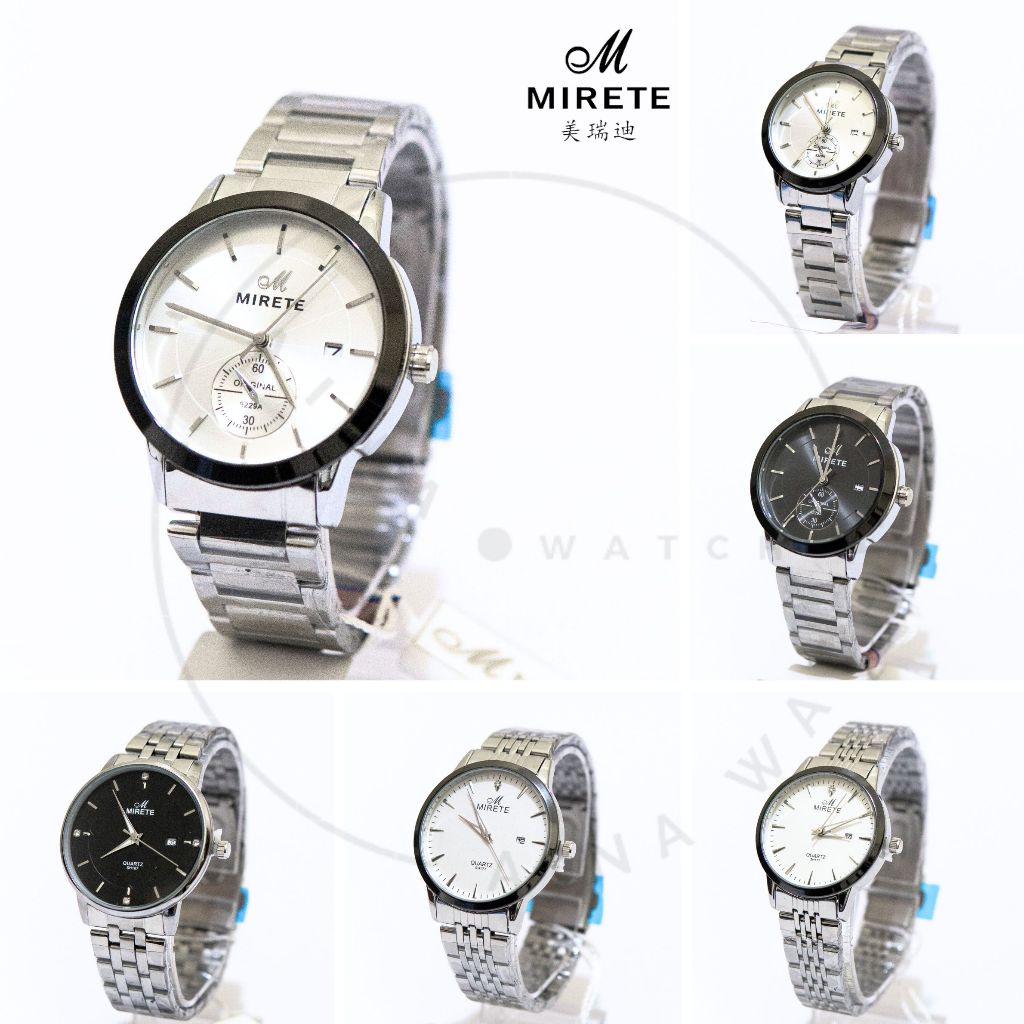 Jam Tangan MIRETE-RT18 Rantai Silver Jam Tanggal Stainless Steel Couple Plat Hitam Putih Original
