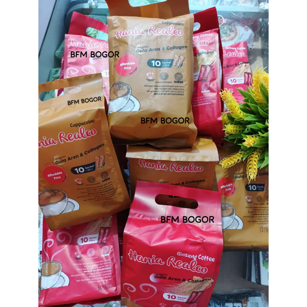 

Hania Realco READY VARIAN (Ginseng, Latte, Cappucino, Matcha) less Sugar ISI 10 SACHET HNI HPAI II HALAL 100% AMAN BPOM