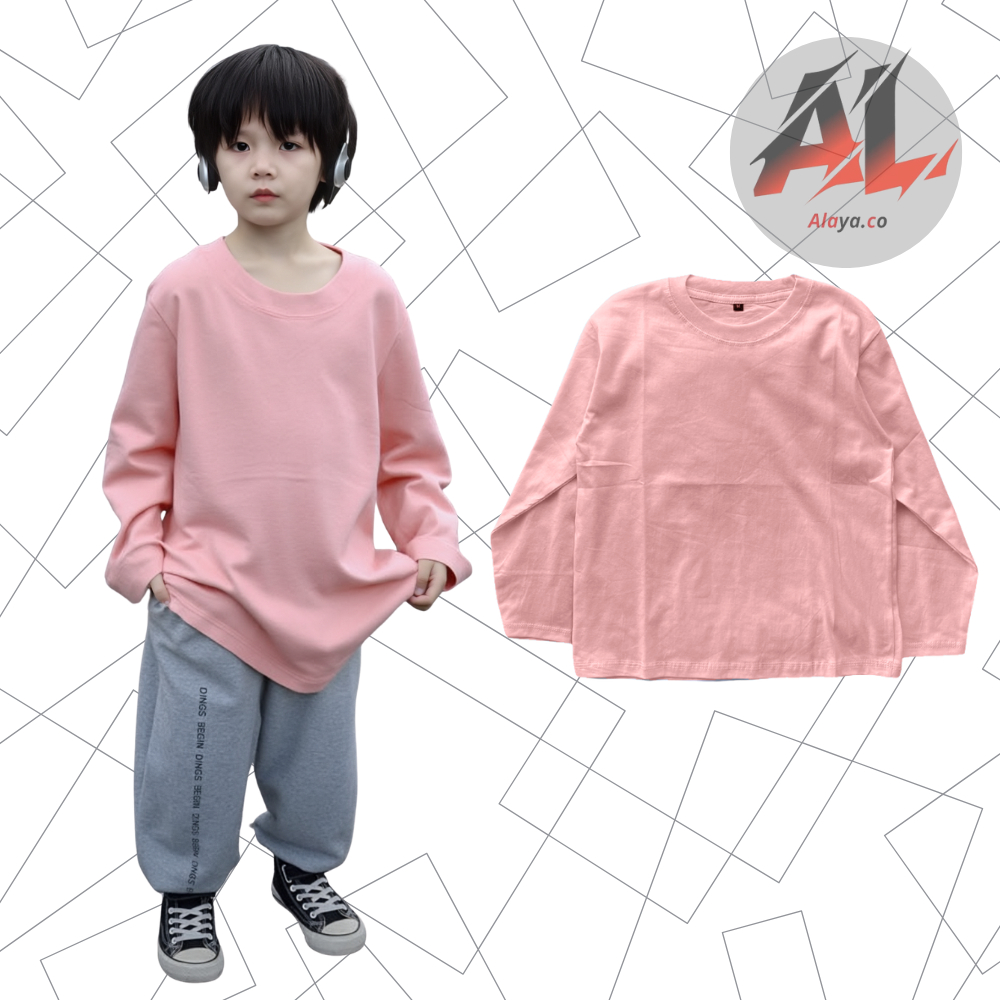 ALAYA Kaos Polos Anak  Lengan Panjang Bahan Cotton Combed 30s Pink Peach Usia 7-14 Tahun