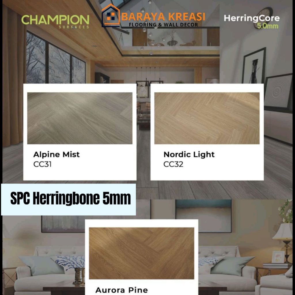 CHAMPION SPC HERRINGCORE / HERRINGBONE 5MM 1,64M2 MOTIF KAYU PARKET - CC31 Alpine Mist