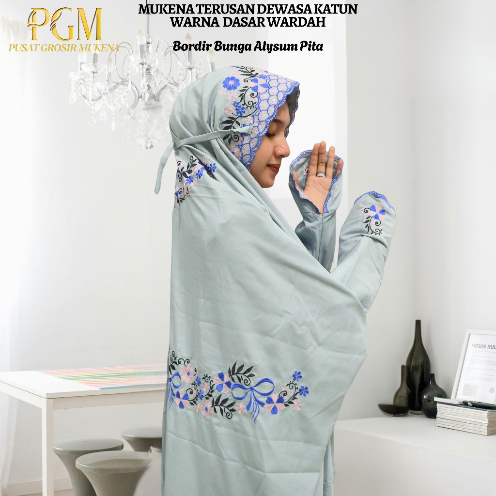 Mukena Terusan Dewasa Bahan Katun Polino Warna Biru Wardah Bordir Bunga Alysum Menawan