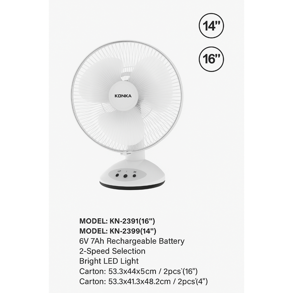 Kipas Angin Rechargeable Putih KONKA Murah Meriah 14 & 16 Inch KN-2391 Pengiriman Cepat