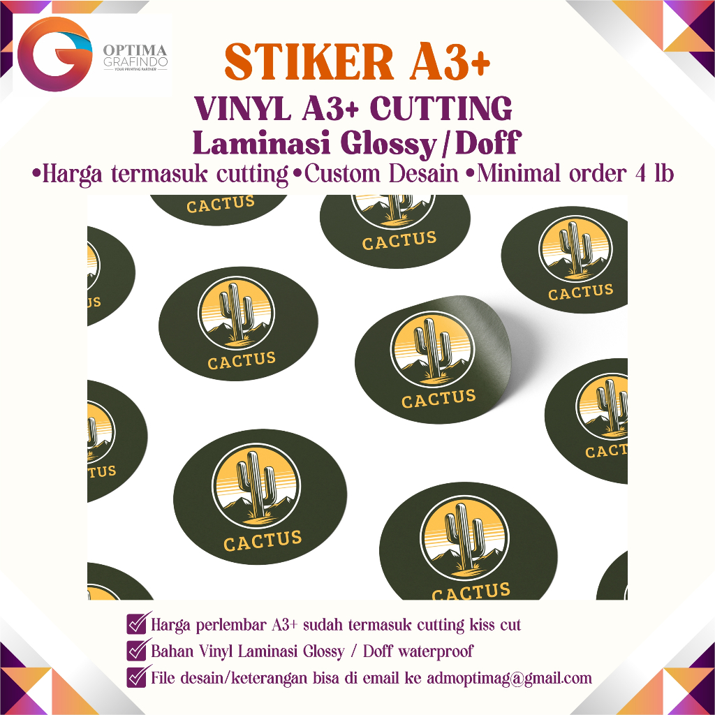 

Cetak Stiker Custom Vinyl / Transparan plus Laminasi Glossy / Dof per 1 lembar A3, stiker sticker label Cutting