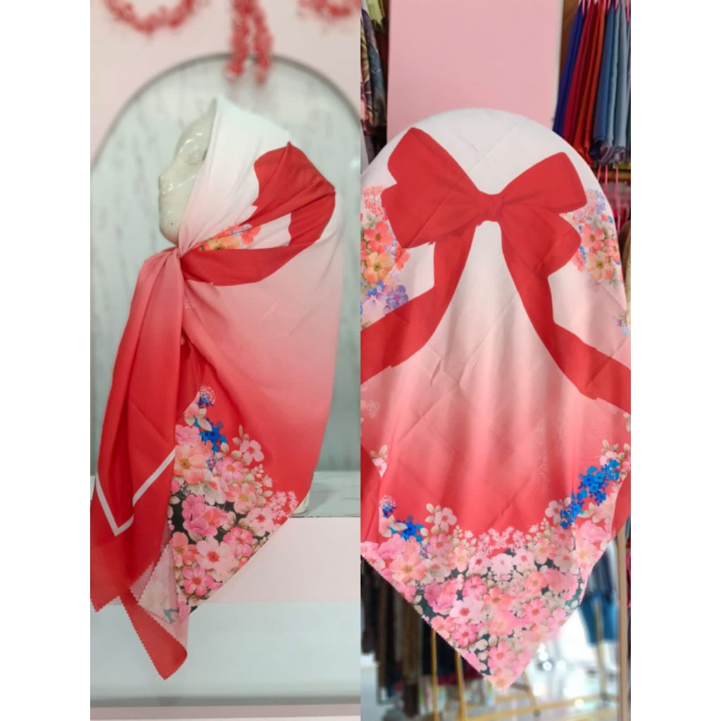 Hijab Segi4 Motif Bahan Voal Premium Edisi Merah Putih