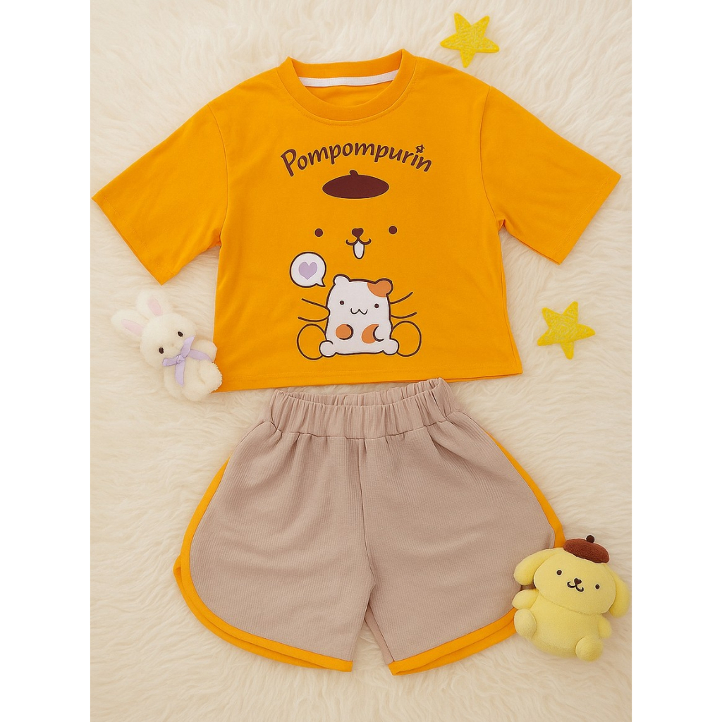 SETELAN / SET BAJU ANAK PEREMPUAN UMUR 9-10 TAHUN POMPOMPURIN PUTIH