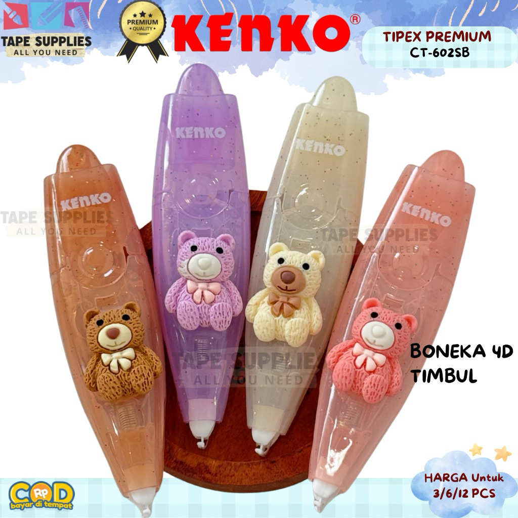 

(12 PCS) Tipex Kenko VERSI PREMIUM CT-602SB Premium Correction Tape Boneka 4D Timbul – Pilihan Warna Lucu