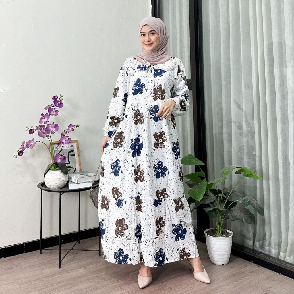 Gamis Rayon Twill || Gamis Putih Motif | Dress Rayon | Bahan Rayon || Busui friendly