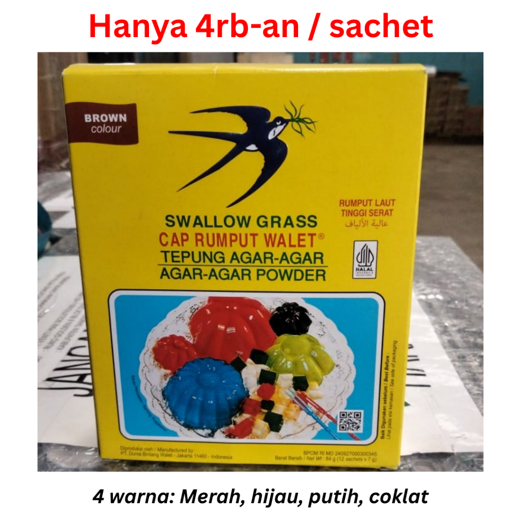 

[BOX] Agar-Agar Swallow (7 gr x 12 Sachet) | Rumput & Lily Agar Bubuk Hijau, Merah, Coklat, Putih
