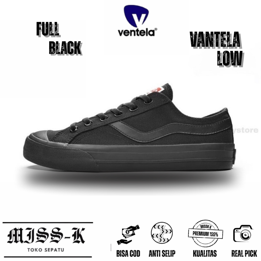 Ventela Low Public All Black Original / Sepatu Full Black Pria