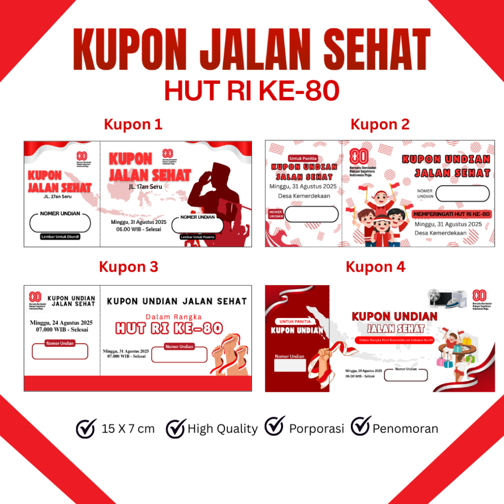 

(100 LEMBAR) Custom Kupon Undian Kemerdekaan Premium| Ukuran 15x7 cm | Kupon Jalan Sehat HUT RI Ke-80 Murah