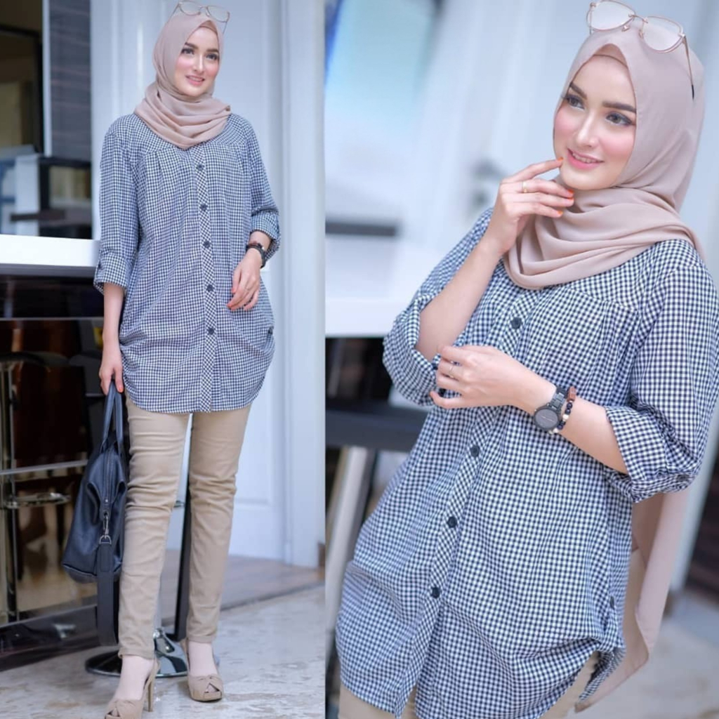 Dinda Tunik Wanita Kotak Atasan Tunik Lengan 3/4 Kancing Depan Bahan Katun Adem Terbaru Remaja Dan D