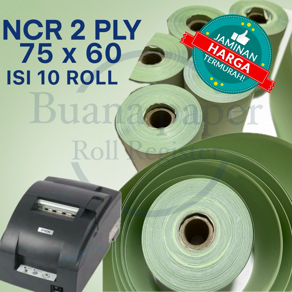 

KERTAS KASIR ROLL Putih Hijau NCR 2PLY 75x60 isi10roll Cocok untuk printer kasir Dot Matrix 75mm