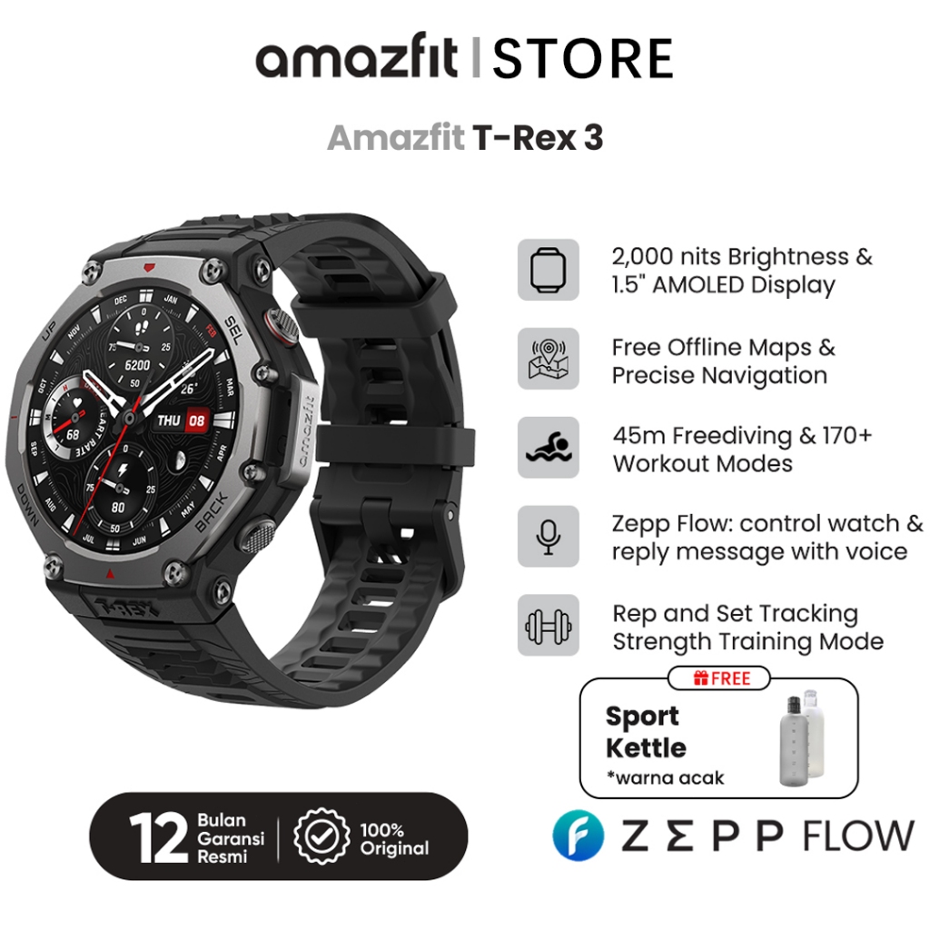 Amazfit T-Rex 3 48mm | Baterai Hingga 20 Hari | 177 Mode Olahraga | Jam Tangan Pria Anti Air | Jam T