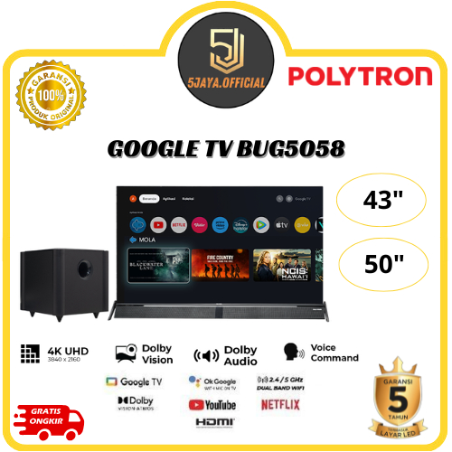 TV LED Polytron Google TV UHD 4K Speaker Soundbar 43Inch 50Inch - 43BUG5058 / 50BUG5058