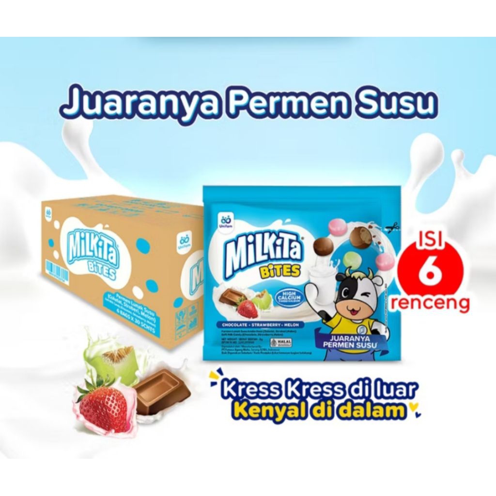 

Milkita Bites Renceng 8gr (1DUS: 6Bags x @30pcs) Krispi di Luar, Chewy di Dalam - Permen Susu Tinggi Kalsium Cokelat, Stoberi, dan Melon / Juaranya Permen Permen Susu / Permen Rasa Susu Milkita / Jual Permen Susu Renceng / Permen Tinggi Kalsium Permen Sus