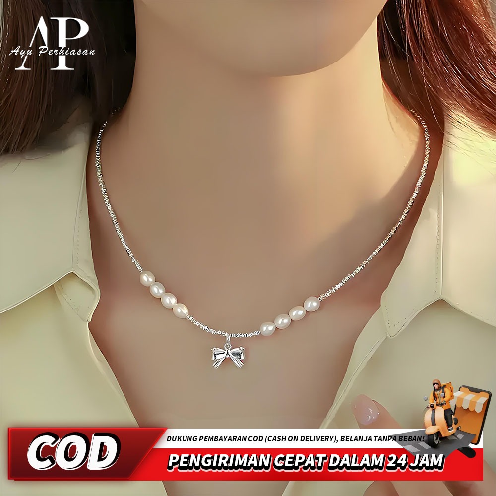 Kalung | Kalung Mutiara Bowtie Perak Pecah, Wanita, Kalung Klavikula, Desain Kecil, Berkelas