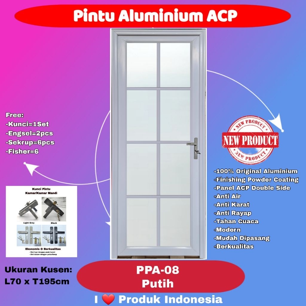 Pintu Full Aluminium Modern-PPA 08-Full Kaca Es 5mm-Ornamen-Putih