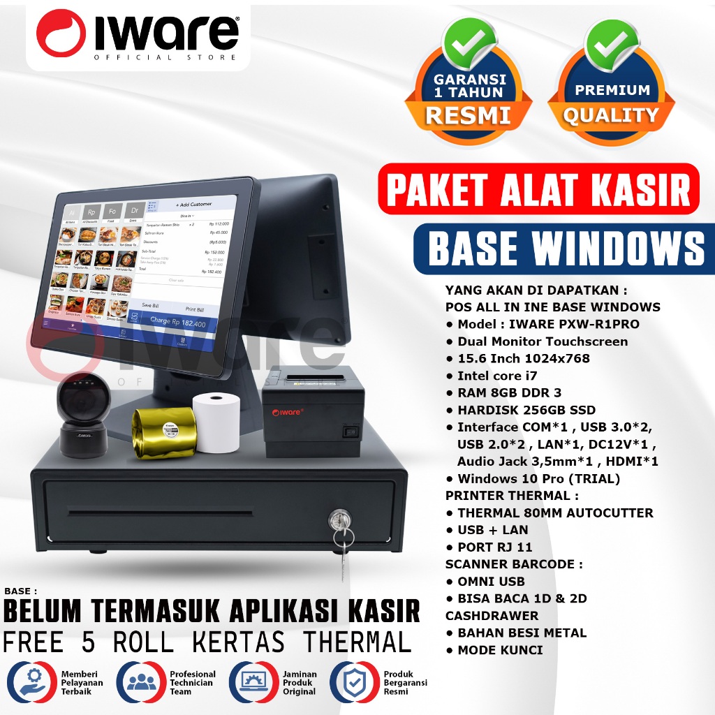 Iware Paket Alat Kasir Mesin Kasir Base Windows | Pos All In One Intel i7 8/256GB Touchscreen | Prin