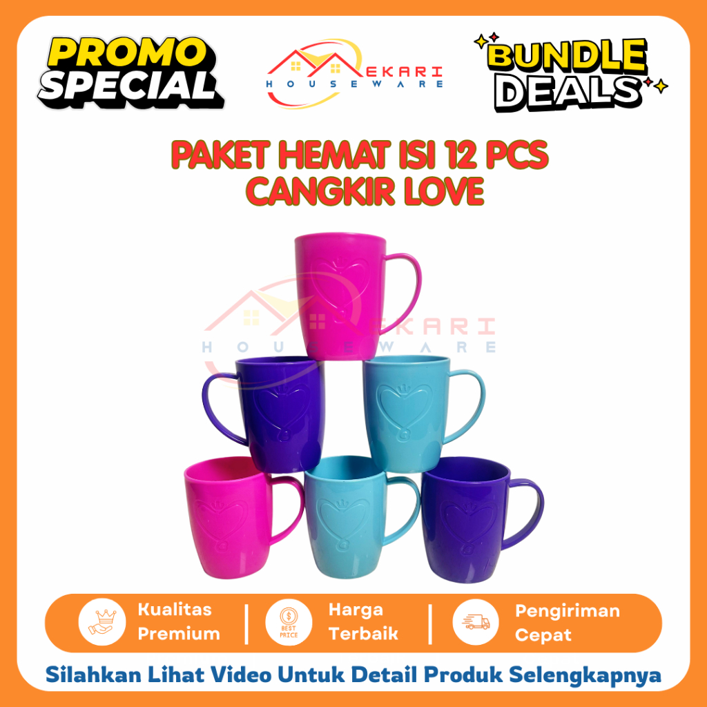 GROSIR PAKET HEMAT isi 12 Cangkir Mug Love Polos Plastik Tebal BPA Free