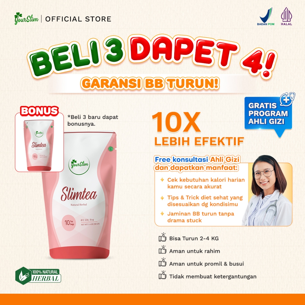 

YOURSLIM SLIMTEA - isi 10 teabag / Slimming Tea BPOM HALAL Teh Diet Penurun Berat Badan